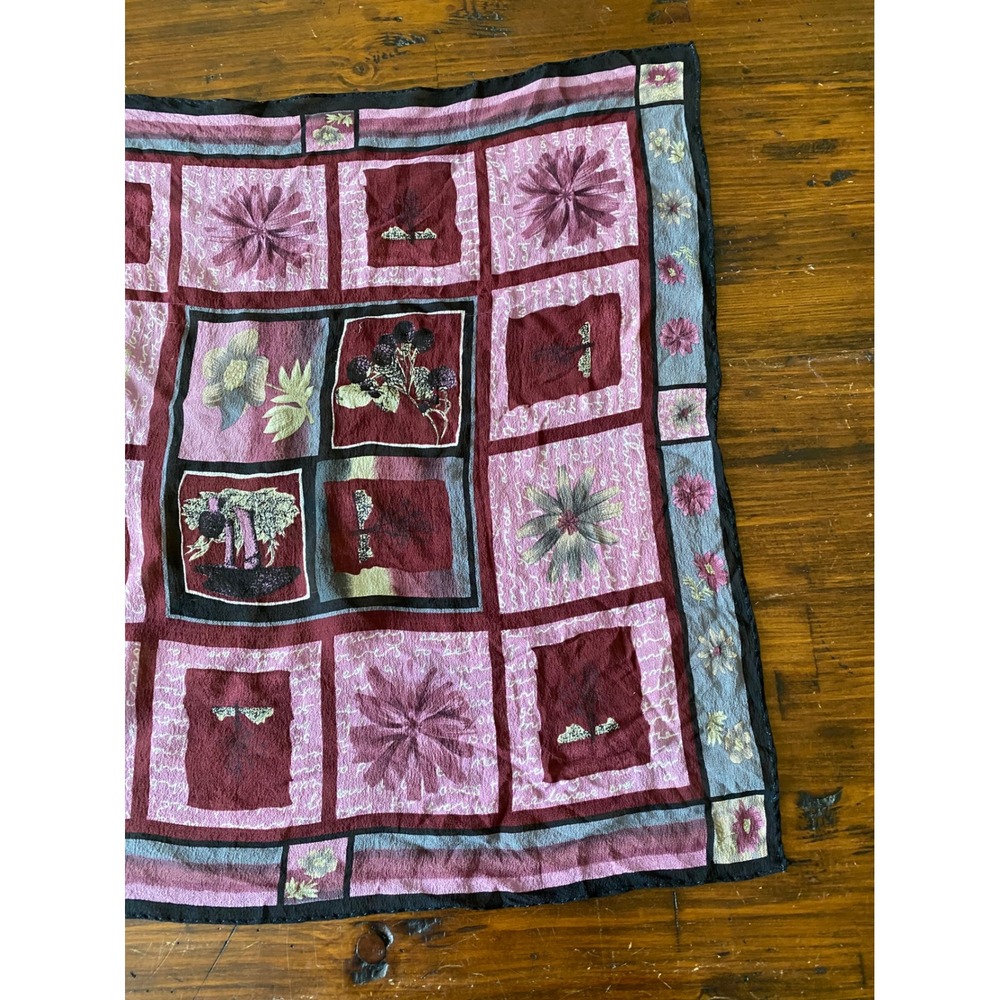 Vintage Floral Patchwork Square Scarf Burgundy Pink Botanical Print silk? - Picture 7 of 8